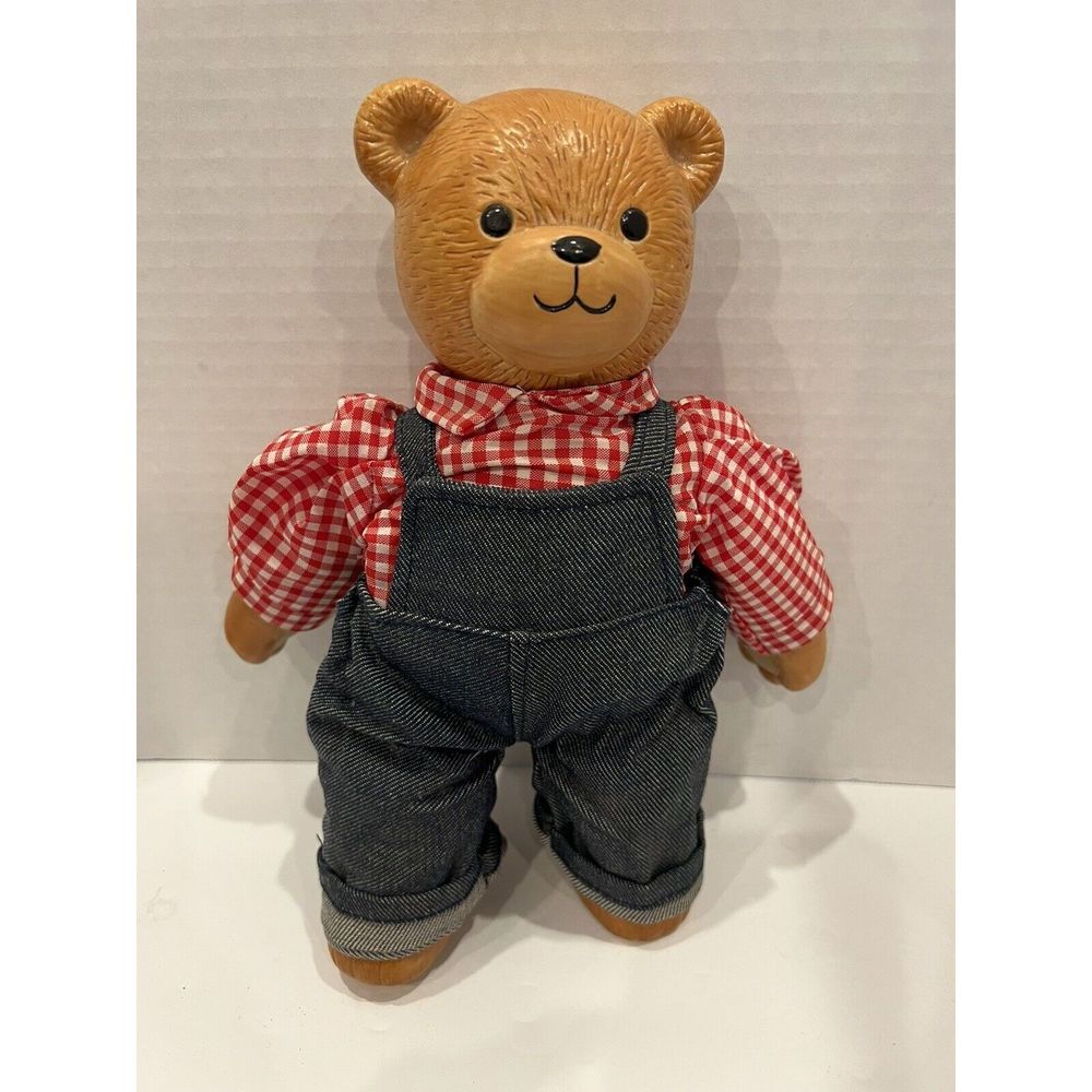 Vintage Enesco Ceramic Teddy Bear With Soft Body With Overalls And Flannel